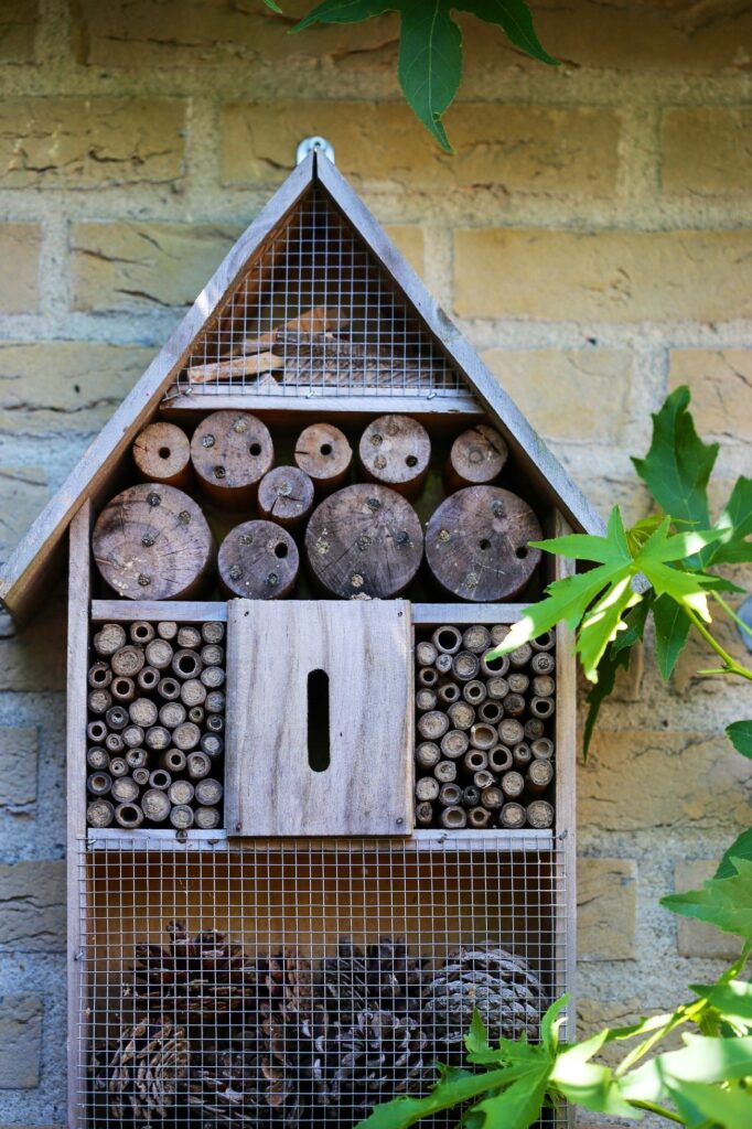 Insectenhotel tegen de muur van een kleine groene achtertuin