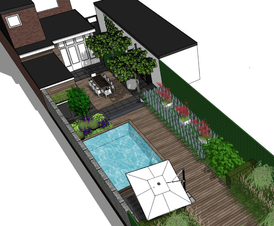 3D-ontwerp van een lange achtertuin in Arnhem met zwembad en houten vlonder