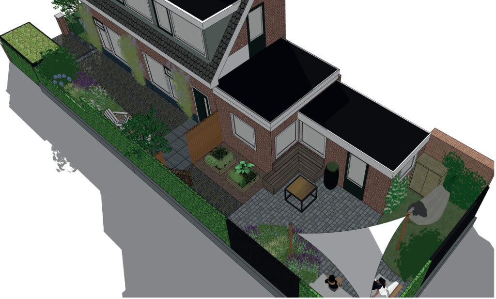 3D-ontwerp van een kleine tuin in Oosterbeek, van bovenaf