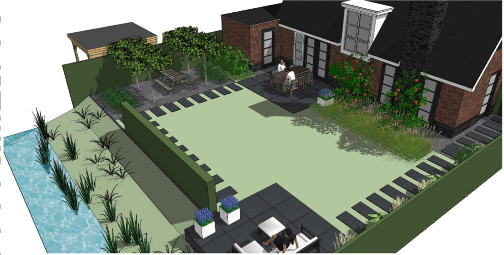 Ontwerptekening in 3D van een nieuwbouwtuin in Arnhem-Elden, met gazon, stapstenen en twee terrassen