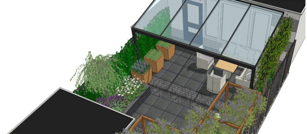 3D-ontwerp van een kleine achtertuin in Arnhem met serre en verhoogde bakken