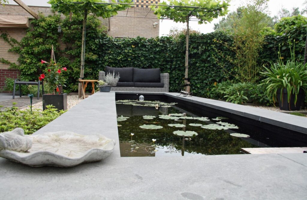 Strakke vijver met waterlelies en loungebank in een tuin in Arnhem
