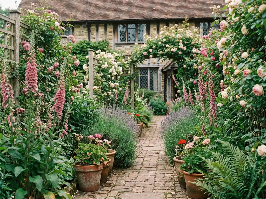 Arts and Crafts tuin met foxgloves, lavendel en klimrozen langs een rustiek bakstenen pad naar een traditioneel huis.