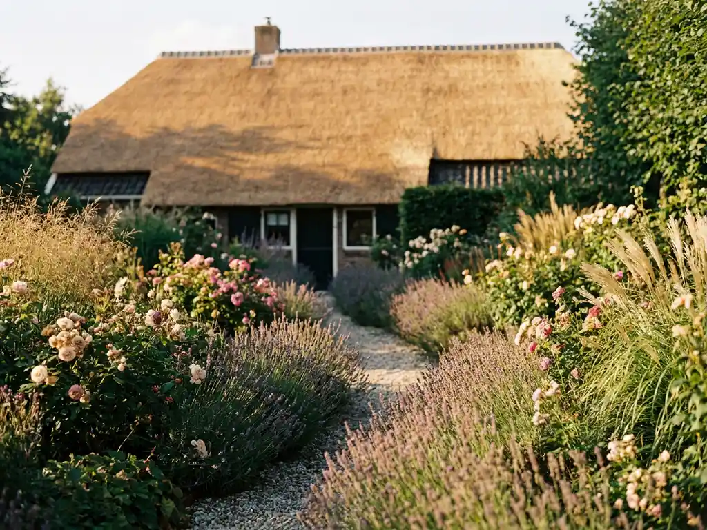 Boerentuin met lavendel, rozen en siergrassen voor een Hollandse boerderij met rieten dak in warm middagzonlicht.