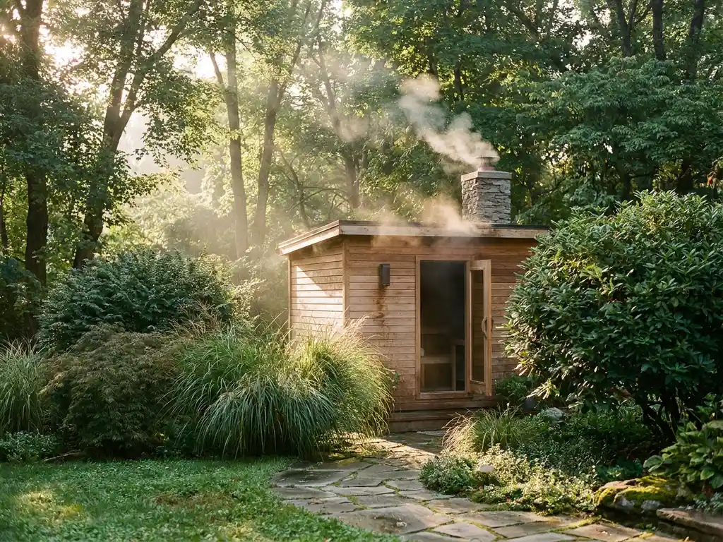 Buitensauna van cederhout omgeven door siergras, natuurstenen paden en volwassen struiken in warme middagzon.