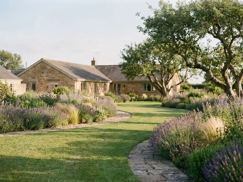 Bungalowtuin met gebogen gazon, lavendel, siergassen en natuurstenen paden in warm middagzonlicht.