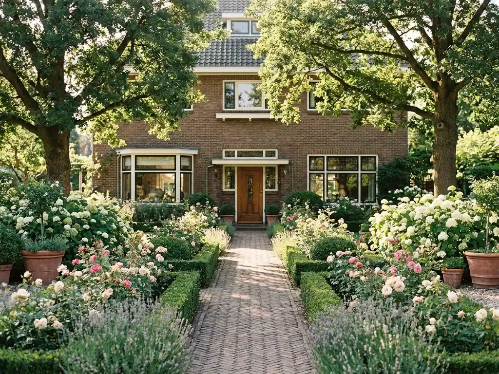 Cottage-stijl voortuin van een jaren '30 villa met rozenborders, buxushaag, lavendel en hortensia's langs een visgraatpad.
