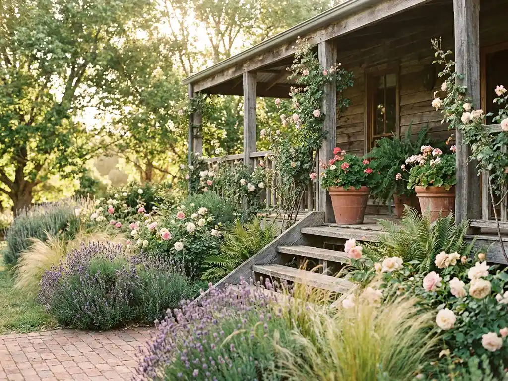 Weelderige cottage tuin met lavendel, rozen en siergras langs een houten veranda in warm gouduurlicht.