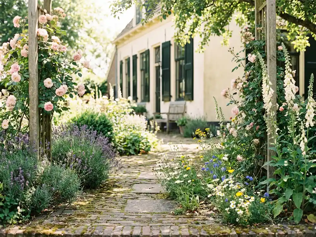 Weelderige cottage tuin met klimrozen, lavendel en vingerhoedskruid langs een verweerd bakstenen tuinpad, Nederlandse gevel op de achtergrond.