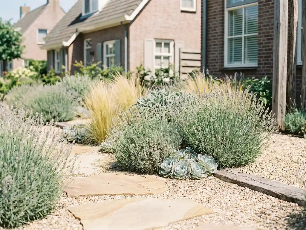 Droogtetolerante tuin met lavendel, siergras en zilverkleurige succulenten tussen zandsteen grind en stapstenen, Nederlandse woning op achtergrond.