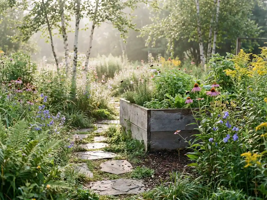 Ecologische tuin met wilde bloemen, inheemse grassen en een houten verhoogd bed, ochtendlicht door berkenbomen.