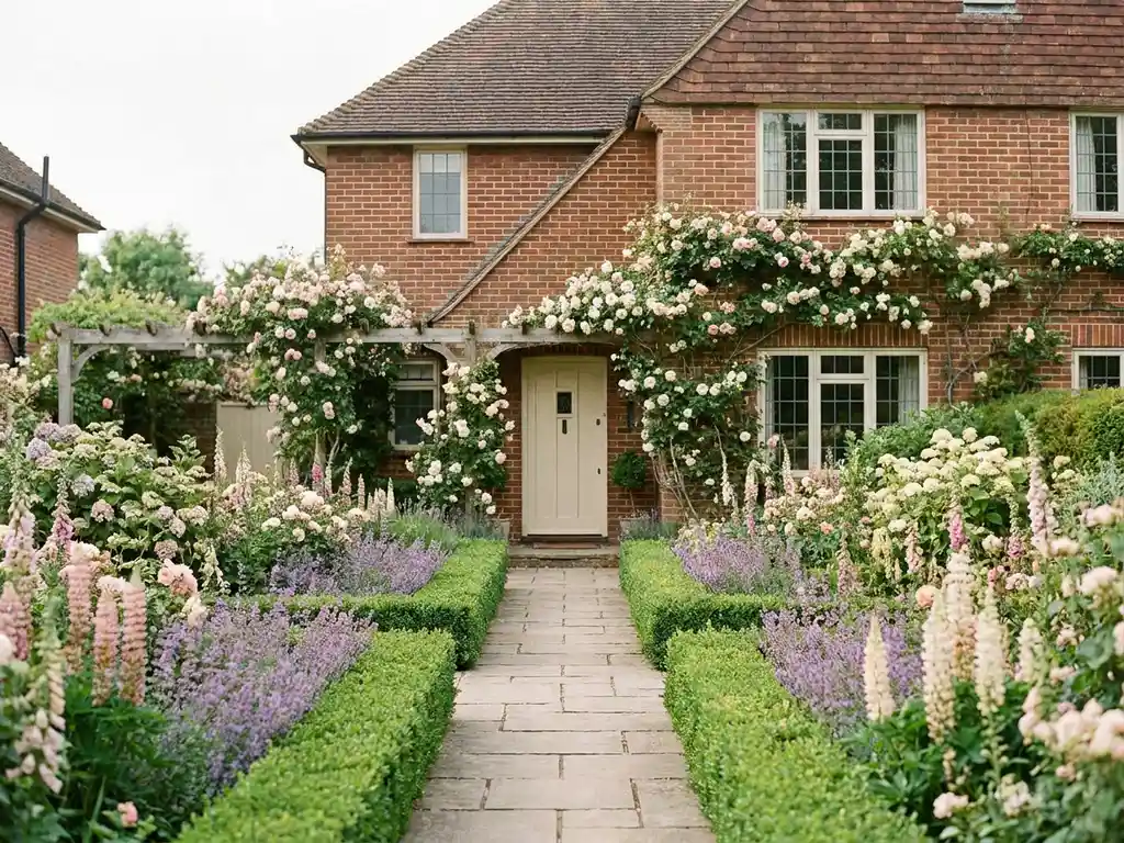 Engelse cottage-tuin in volle bloei naast een bakstenen villa uit de jaren 30, met geklipte buxushagen, klimrozen en lavendel- en roze borders.