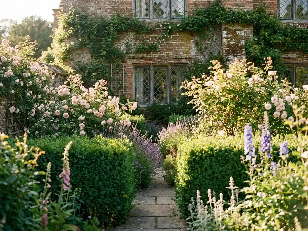 Formele Engelse cottage-tuin met rozen en lavendel langs een stenen pad bij een verweerde bakstenen gevel in warm daglicht.