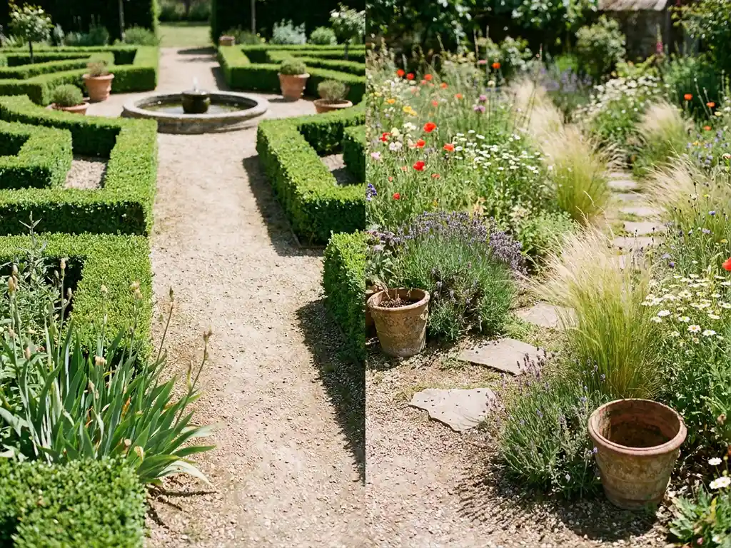 Tuinpad dat splitst tussen een formele tuin met geschoren buxushaagen en stenen fontein en een informele cottage tuin met wilde bloemen.