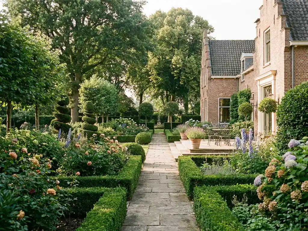 Formele tuin van een Nederlandse villa met gesnoeide buxushagen, stenen pad naar terras en bloeiende borders in warm zonlicht.
