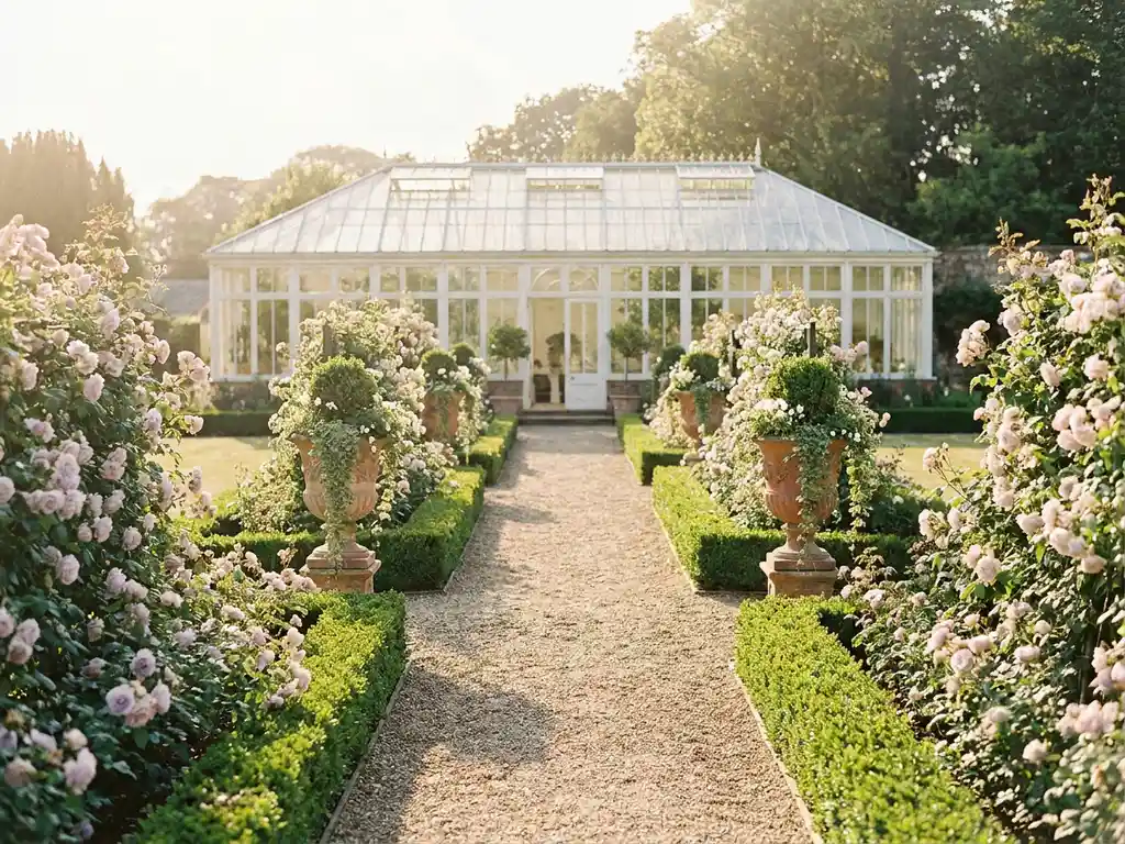 Formele tuin met gemanicuurde buxushaagen, lavendelborders en terracotta urnen langs een grindpad voor een klassieke orangerie.