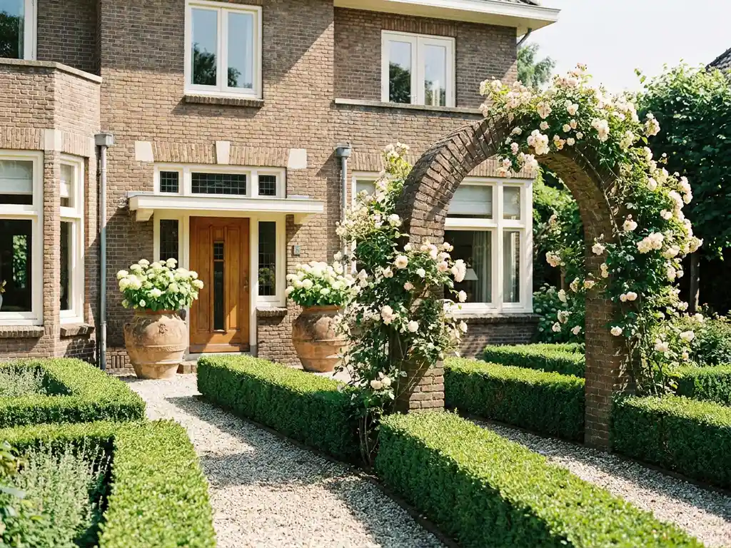 Formele tuin met gesnoeide buxushagen en klimrozen op bakstenen boog, grindpad naar jaren '20 Dutch villa met terracotta urnen.