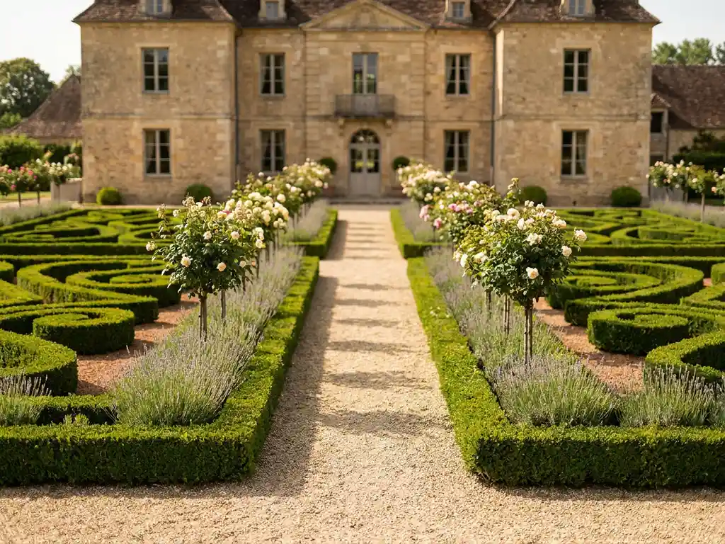 Symmetrische Franse tuin met geklipte buxushaagen, grindpad met lavendel en rozen voor een stenen landhuis.