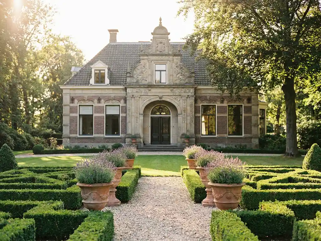 Historische Nederlandse villa met formele tuin, geschoren buxushagen, terracotta urnen met lavendel en stenen pad in warm daglicht.