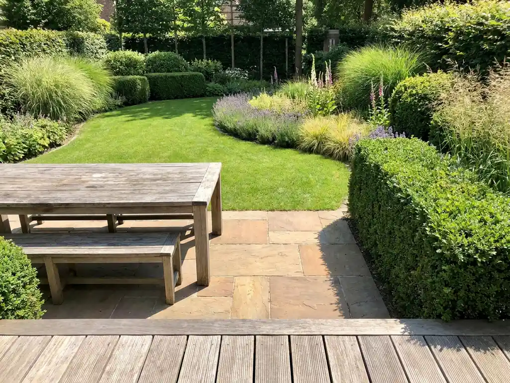 Ruime Nederlandse tuin met terras, gazon en gebogen bloemenborder, omgeven door hagen en siergras, met een verweerde eiken tuintafel.