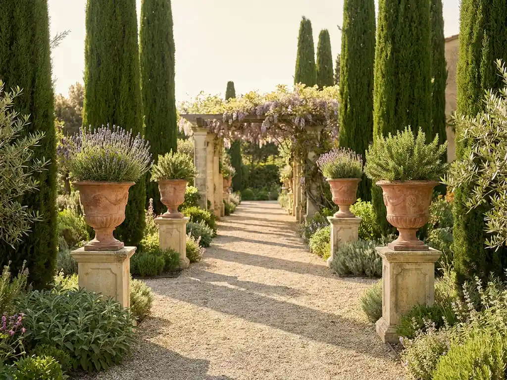 Italiaanse tuin met terracotta urnen vol lavendel en rozemarijn, stenen pergola met blauweregen en cipressen langs een grindpad.