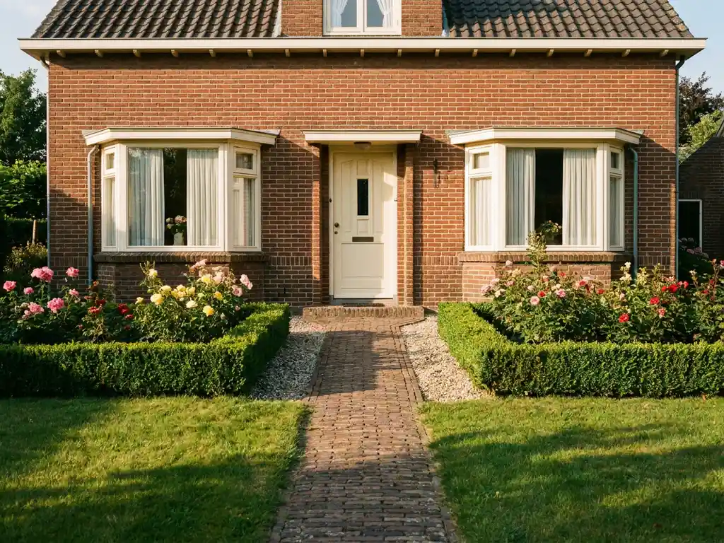 Jaren '50 Nederlandse bakstenen woning met symmetrische voortuin, rozenstruiken, lage hagen en een klassiek bakstenen tuinpad in middagzon.
