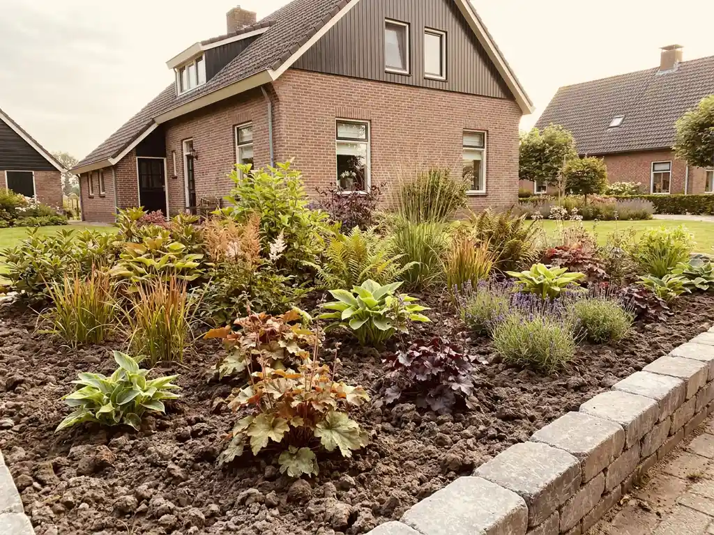Weelderige kleigrond tuin in bloei naast Nederlandse woning met vochtminnende vaste planten, siergras en lavendel in donkere, vochtige kleigrond.