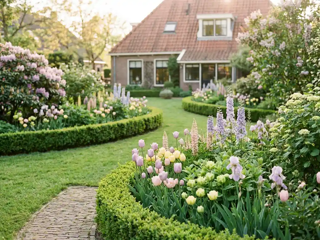 Bloeiende vaste plantenperken met lavendel en voorjaarskleuren in een verzorgde Nederlandse tuin.