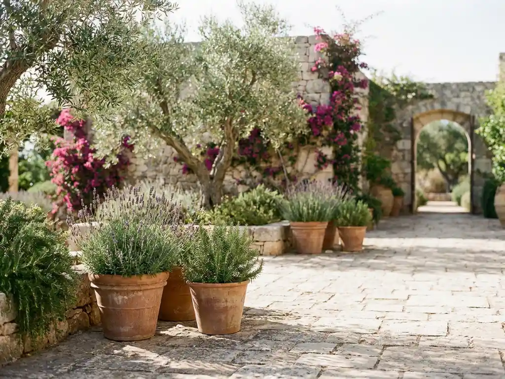 Mediterrane tuin met terracottapotten vol lavendel en rozemarijn op een verwerkt stenen terras omzoomd door olijfbomen en bougainvillea.