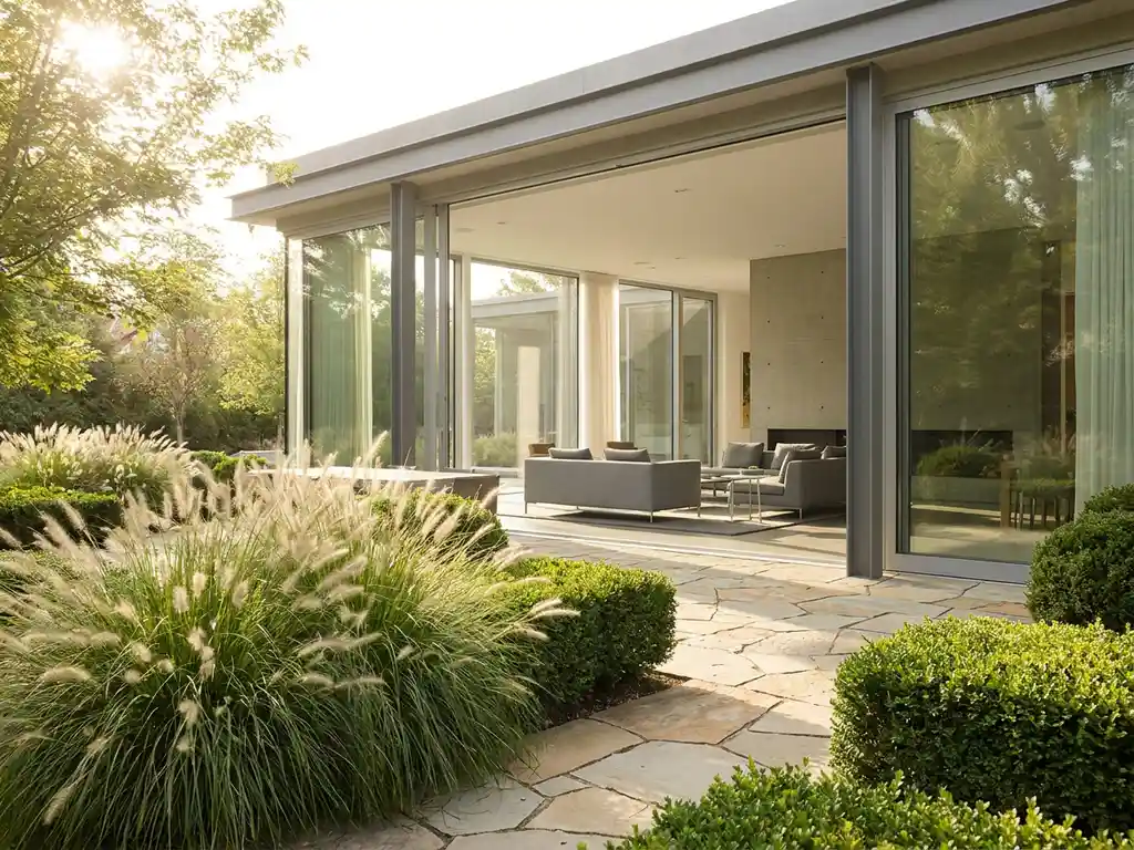 Glazen moderne woning met vloer-tot-plafond ramen, uitkijkend op een tuin met siergras, gesnoeide hagen en natuurstenen bestrating.