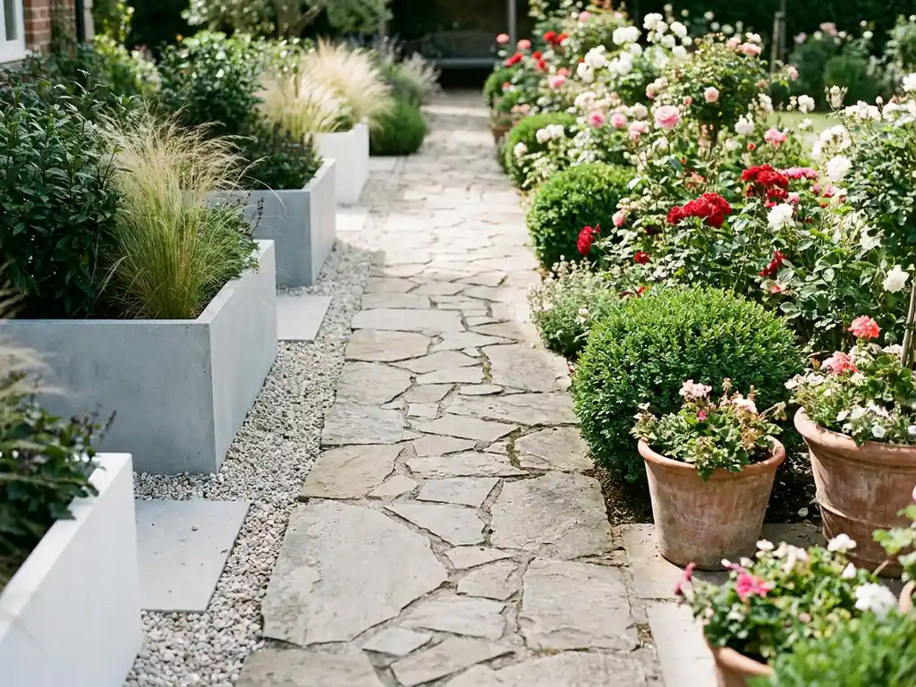 Tuin met natuurstenen pad dat moderne minimalistische borders scheidt van klassieke rozenstruiken en terracottapotten in zacht middaglicht.