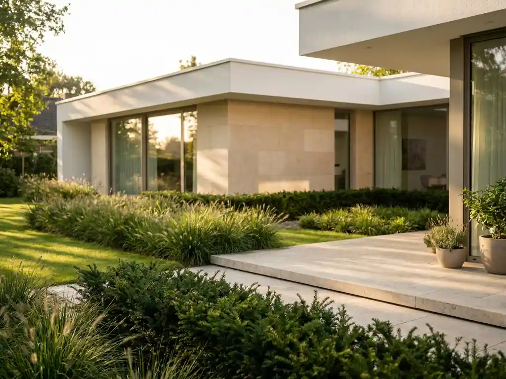 Moderne Nederlandse villa met plat dak, omgeven door siergras, lage hagen en een natuurstenen terras in warm daglicht.