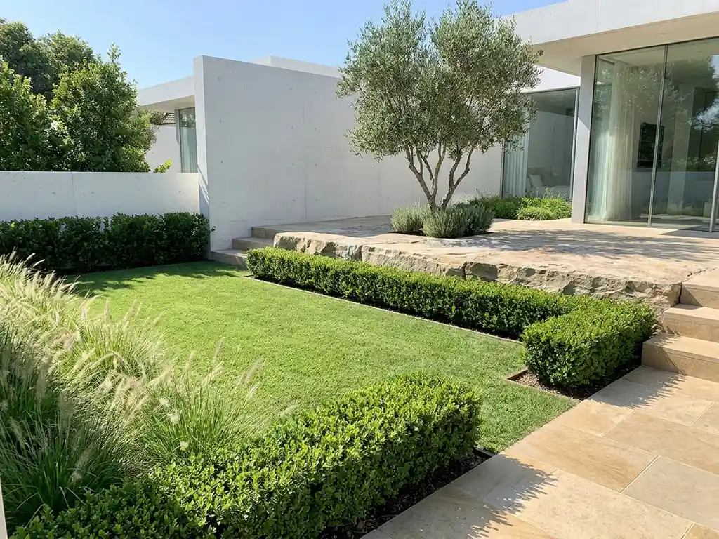 Minimalistische moderne tuin met rechthoekige graspanelen, siergras, buxushaag en natuurstenen terras bij strak wit woonhuis.