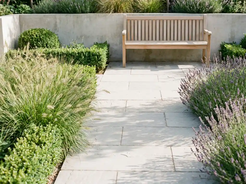 Minimalistische tuin met grijze geometrische tegels, siergras, buxushaag en lavendel rond een houten bank in middagzon.