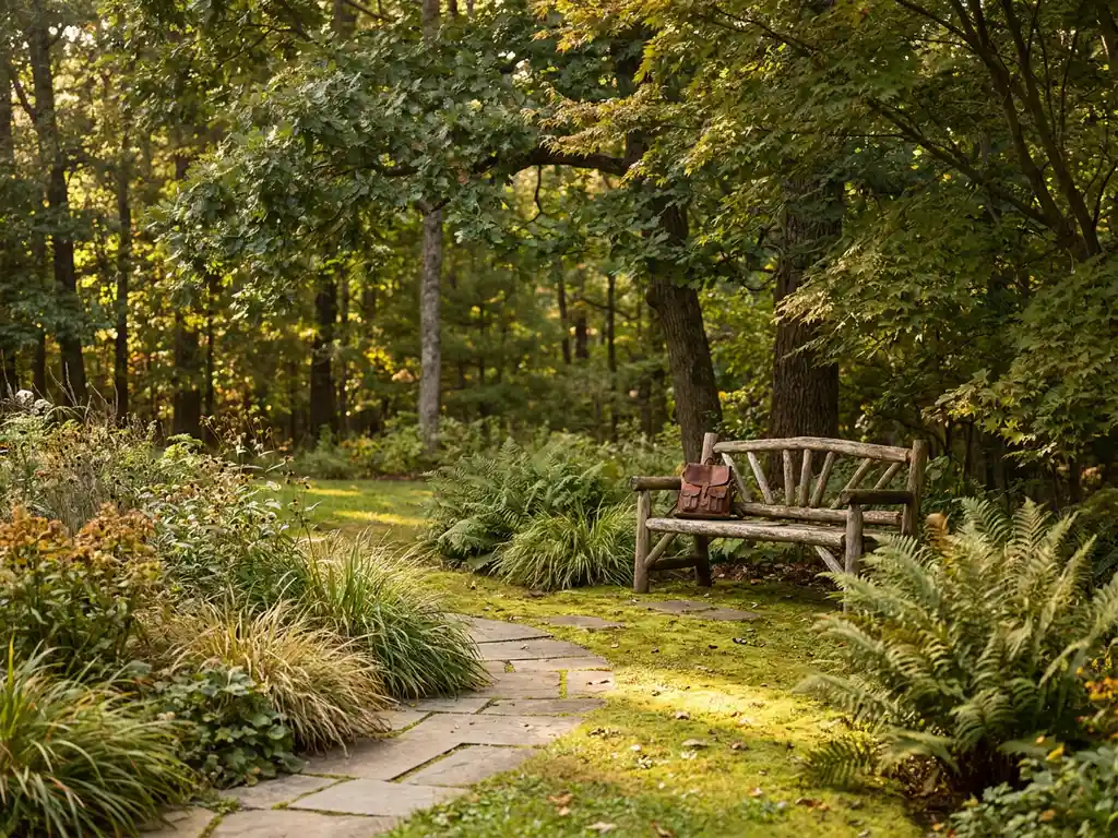 Natuurlijke tuin met gebogen stenen pad, inheemse varens en siergras langs een bosrand, houten bank onder een bladerdak in goudkleurig middaglicht.