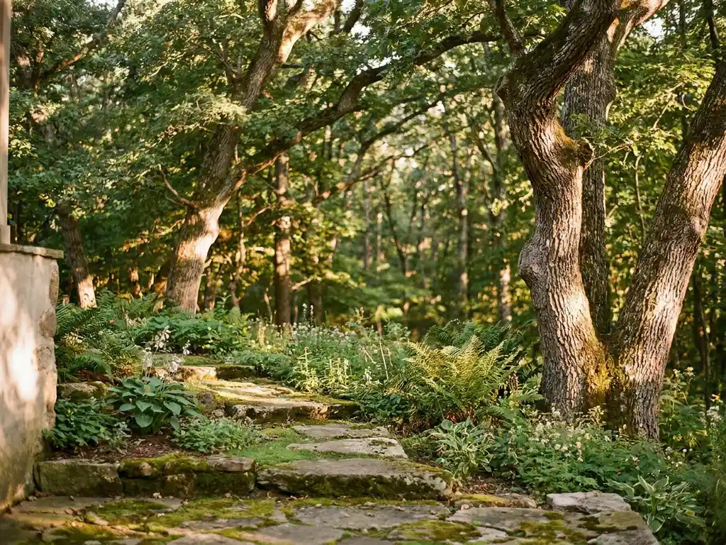 Natuurlijke bostuinovergang met inheemse varens, met mos bedekte stapstenen en eiken in zacht gefilterd daglicht.