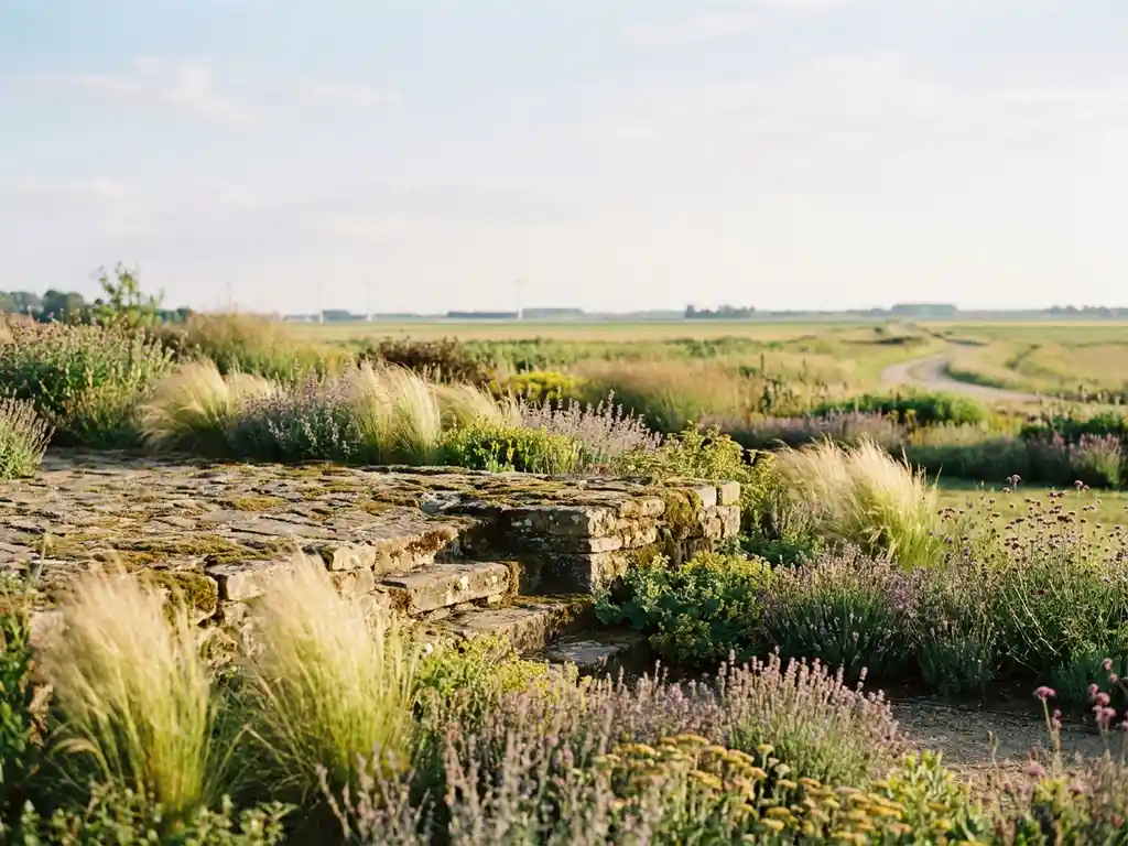 Naturistische tuin met inheemse grassen en vaste planten die overvloeien in een open Hollands polderlandschap, rustiek stenen terras op de voorgrond.