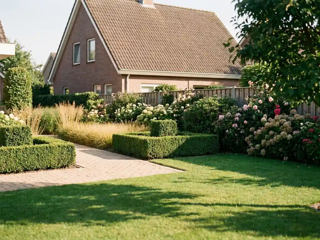 Verzorgde voortuin bij jaren 80 Nederlandse bakstenen woning met geometrische hagen, siergras en terracotta tuinpad in middagzon.