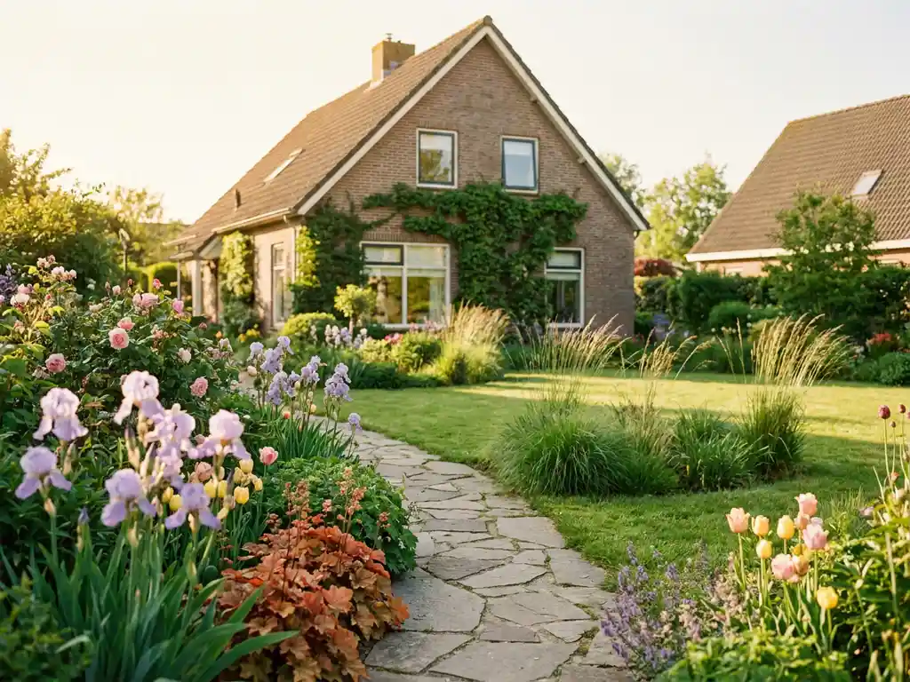 Kleurrijke vaste plantenperken langs een stenen pad naar een bakstenen woning in een Nederlandse tuin in volle bloei.