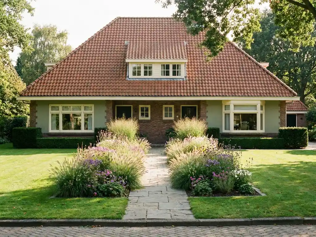 Hollandse vrijstaande woning met symmetrische voortuin, siergras, vaste planten langs een stenen pad en keurig gesnoeide hagen.