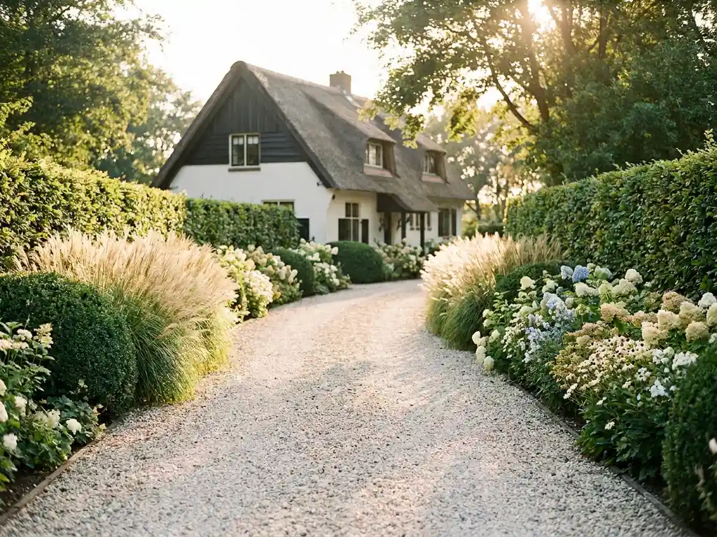 Lange oprijlaan met siergras en groene hagen naar een Nederlandse woning, met bloembedden en zacht grindpad in middagzon.
