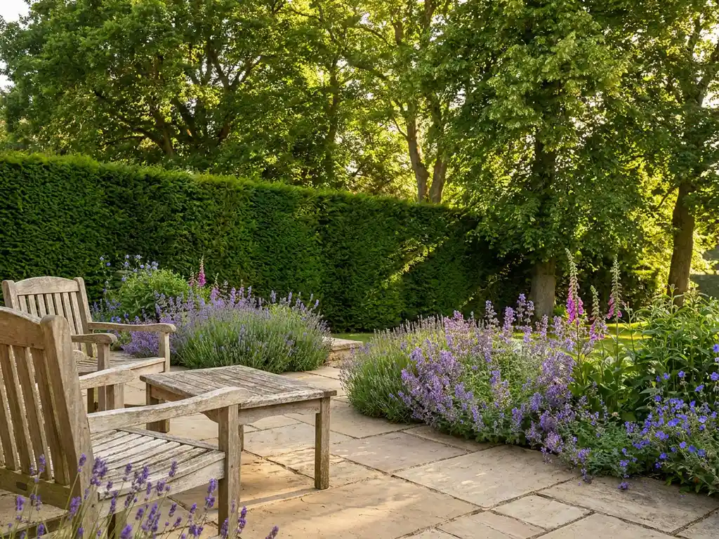 Privétuin met stenen terras en houten tuinmeubelen, omgeven door hoge groene heg en bloeiende vaste planten in zacht middaglicht.