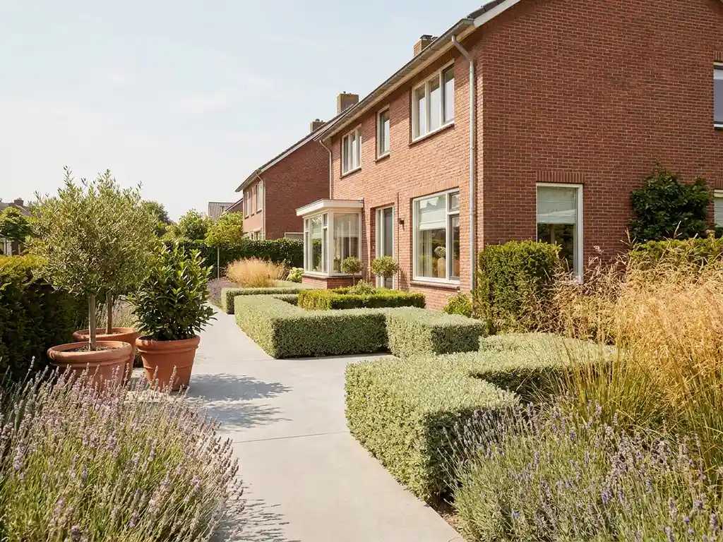 Retro voortuin bij jaren 60 Nederlandse bakstenen woning met geometrische hagen, lavendel en siergrassen in warm middaglicht.