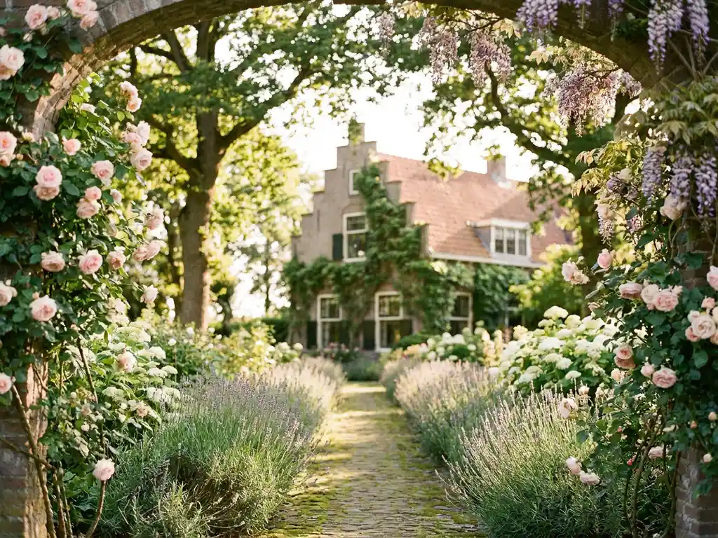 Romantische tuin bij Hollandse villa met rozen en blauweregen langs een stenen boog, lavendel en hortensia's langs een mos begroeid bakstenen pad.