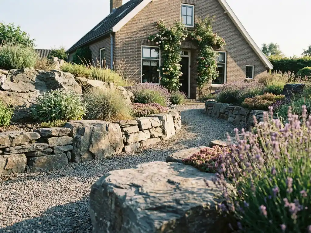 Rotstuin met droogtebestendige vaste planten, siergras en lavendel langs grindpad bij Nederlandse woning in middagzon.
