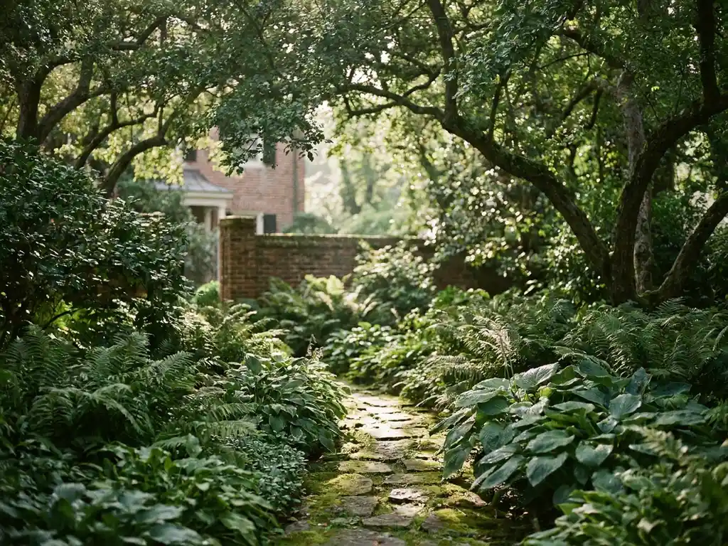 Schaduwrijke tuin met varens en hosta's langs een met mos bedekt stenen pad, omringd door volwassen bomen en een bakstenen muur.