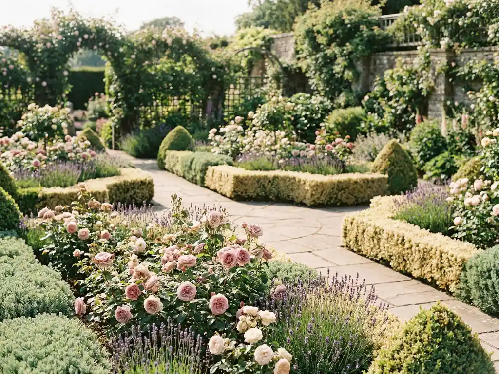 Symmetrische siertuin met bloeiende rozen, lavendel en gesnoeide buxushagen langs een kronkelend stenen pad in warm daglicht.
