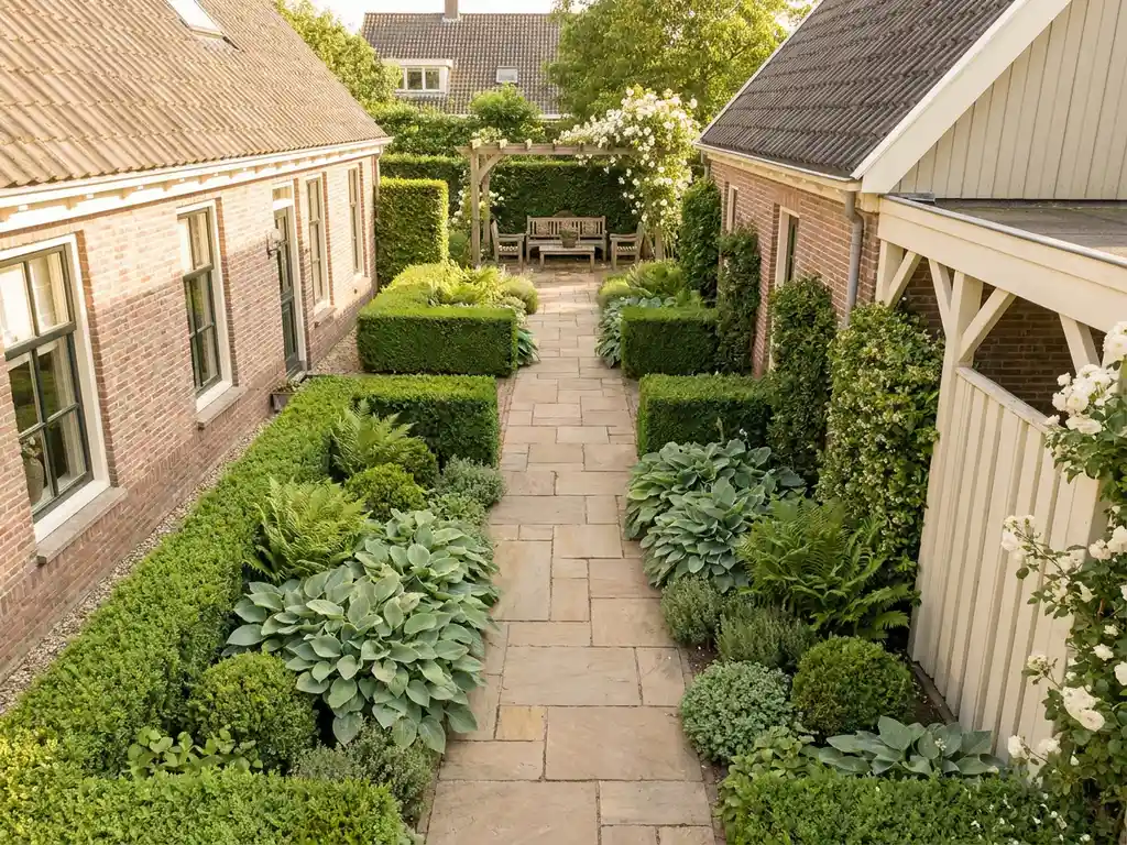 Smalle zijtuintuin bij een klassieke Nederlandse woning met stenen pad, groene borders en houten zithoek op de achtergrond.