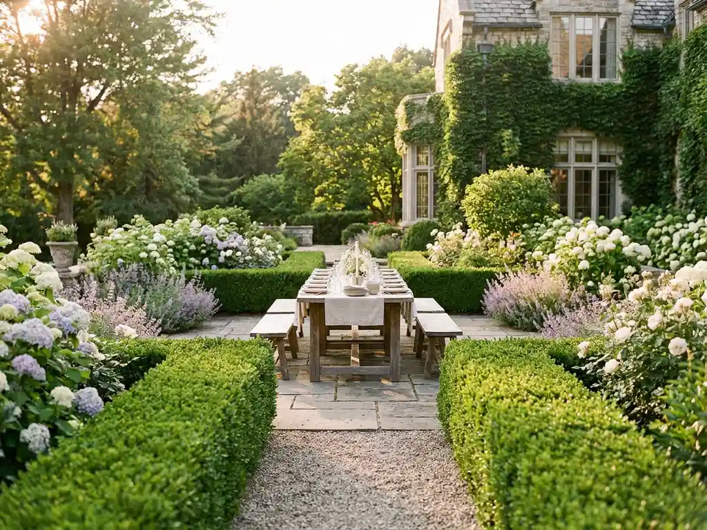 Symmetrische buxushaagen omringen een elegante tuinterras met stenen bestrating, gedekte eettafel en bloeiende borders in wit en lavendel.