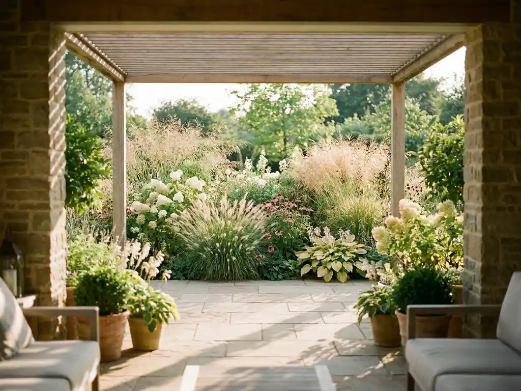 Overdekt terras met uitzicht op een natuurstenen patio, omzoomd door siergras en bloeiende vaste planten in warm middaglicht.